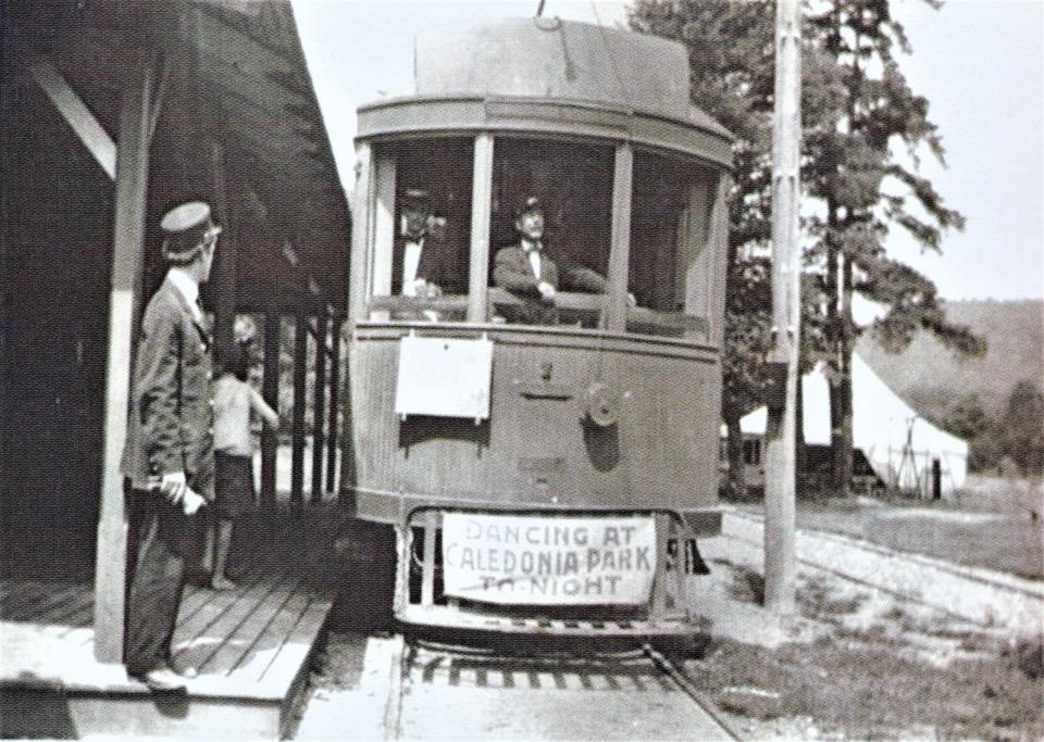 The Chambersburg & Gettysburg Trolley Car No. 11 arrives at the Caledonia station during the early 1900s. The great escape was for all those who wanted to attend the big dance at the Caledonia pavilion this day.