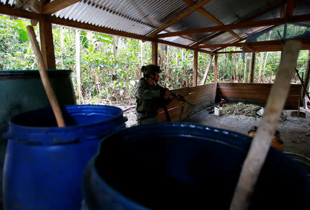 A Colombian anti-narcotics policeman guards a cocaine lab, which, according to the police, belongs to criminal gangs in rural area of Calamar in Guaviare state, Colombia, August 2, 2016. REUTERS/John Vizcaino