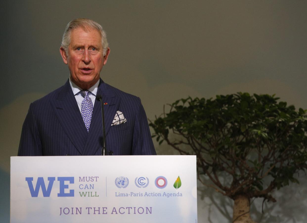 In this Dec. 1, 2015 photo, Britain's Prince Charles delivers his speech at the COP21, the United Nations Climate Change Conference, in Le Bourget, north of Paris. 