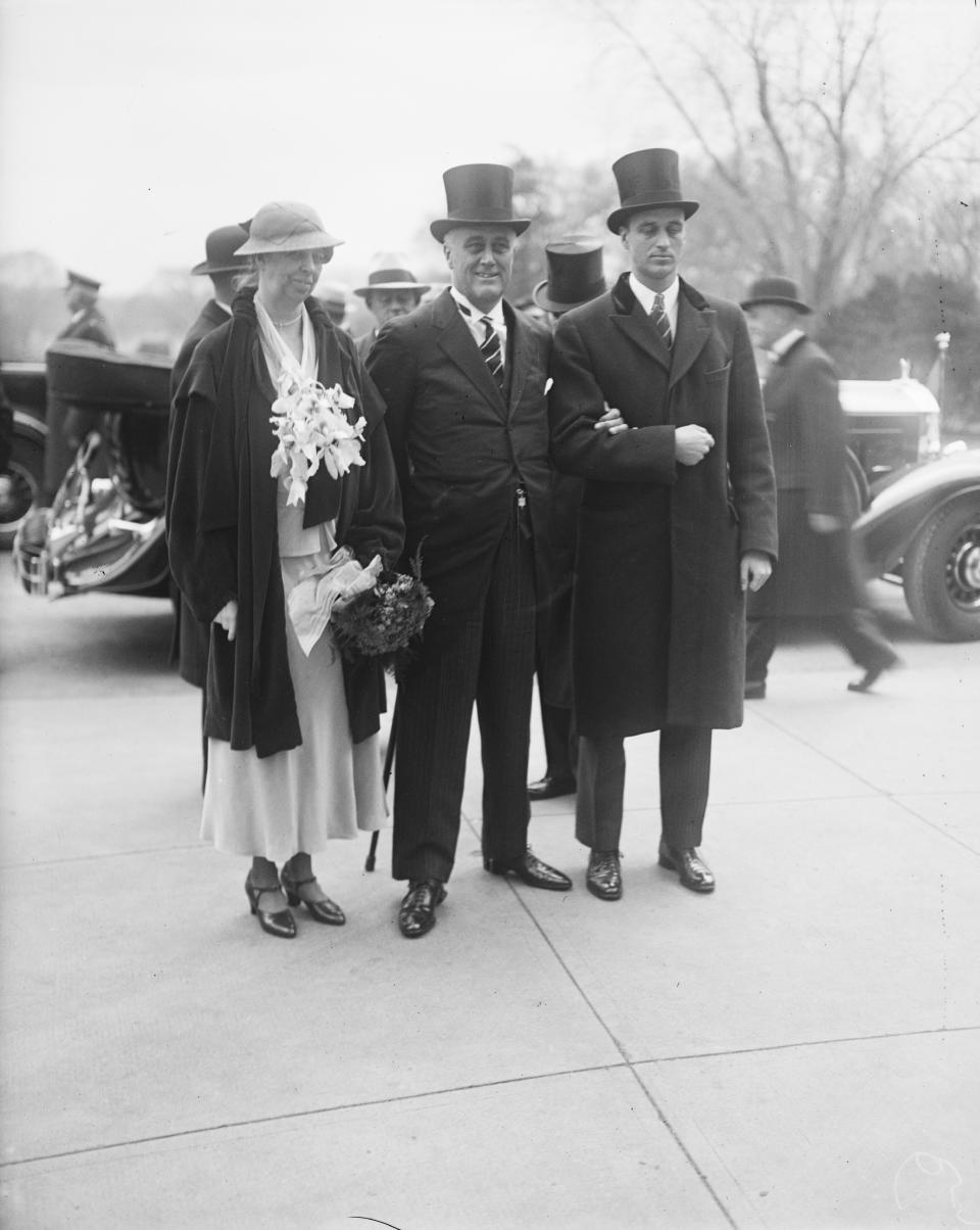 Eleanor Roosevelt, Franklin D. Roosevelt and son James Roosevelt pose on March 4, 1933, the first of four times the elder Roosevelt took the oath for president. The Constitution's 20th Amendment moved the 1937 inauguration for his second term to Jan. 20 and established that as the date for the ceremony.