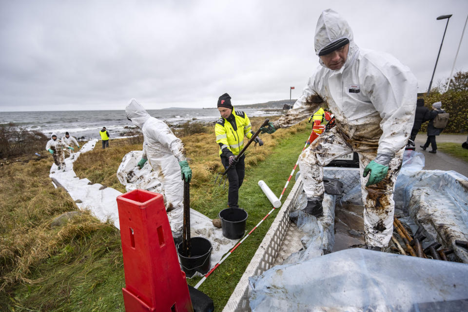 Personnel from the Coast Guard work on cleanup after the oil leak from the grounded ferry Marco Polo on the coast of Horvik, southern Sweden on Oct. 26, 2023. The Swedish Coast Guard says a ferry boat that ran aground twice off the southeastern coast of Sweden is leaking oil and has suffered “extensive damage.” The Marco Polo ferry, which was running between two Swedish ports on the Baltic Sea, touched ground on Oct. 22. (Johan Nilsson/TT News Agency via AP)