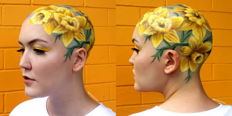 Georgina Ryland schuf ein Kunstwerk auf der Glatze einer Freundin. (Bild: Instagram/Georgina Ryland)