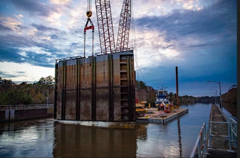 The NASA Stennis canal and lock system was overhauled. The four miter gates are each seven feet thick and measure 60 feet by 40 feet. The waterway is used to transport rockets and other equipment to Stennis for testing.