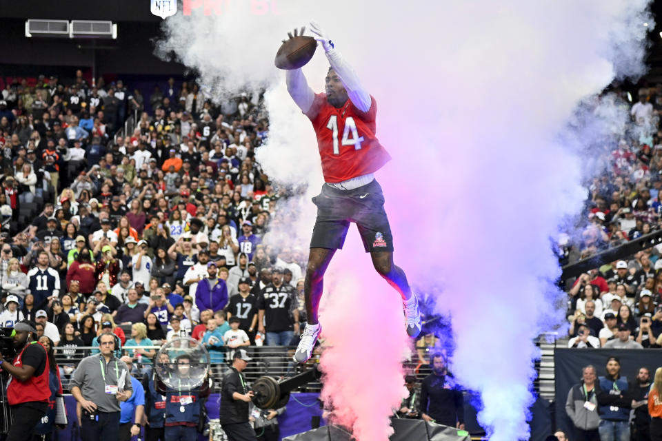 AFC wide receiver Stefon Diggs of the Buffalo Bills competes in the Best Catch football event at the NFL Pro Bowl, Sunday, Feb. 5, 2023, in Las Vegas. (AP Photo/David Becker)