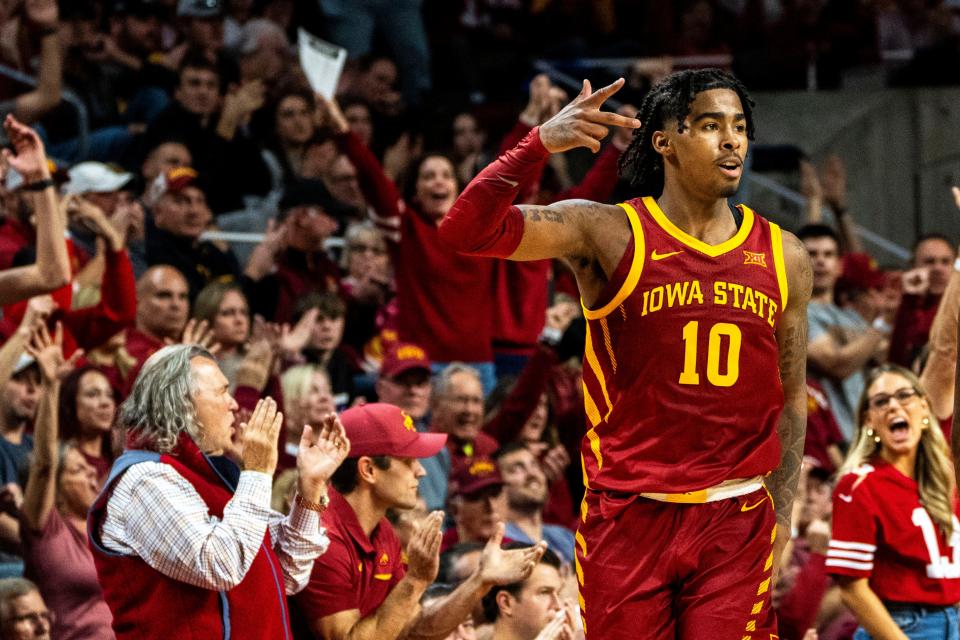 Iowa State's Keshon Gilbert reacts after making a 3-pointer during a basketball game at Hilton Coliseum on Thursday, Dec. 7, 2023, in Ames.