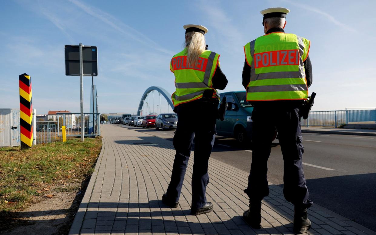 The German federal police pictured patrolling along the German-Polish border in order to detain migrants from Belarus in Frankfurt