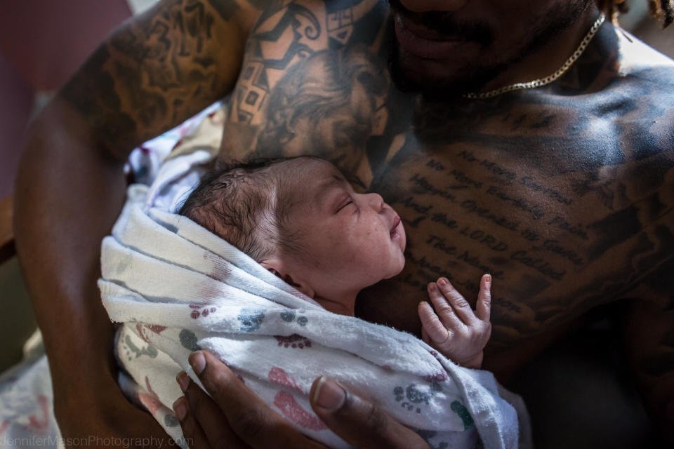 "This dad is holding his son for the first time, after waiting for his girlfriend to nurse and to have her time with the baby, <a href="https://my.clevelandclinic.org/health/articles/skin-to-skin-contact-for-you-and-your-baby" target="_blank">skin-to-skin</a>. Even though he was so patient, you could also see he was excited to finally get to hold his baby."