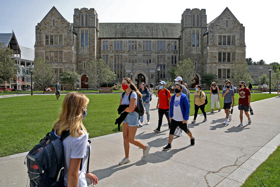 Mask wearing students at the Boston College Campus on September 14, 2020 in Chestnut Hill, Massachusetts.   (Matt Stone/ MediaNews Group/Boston Herald via Getty Images)