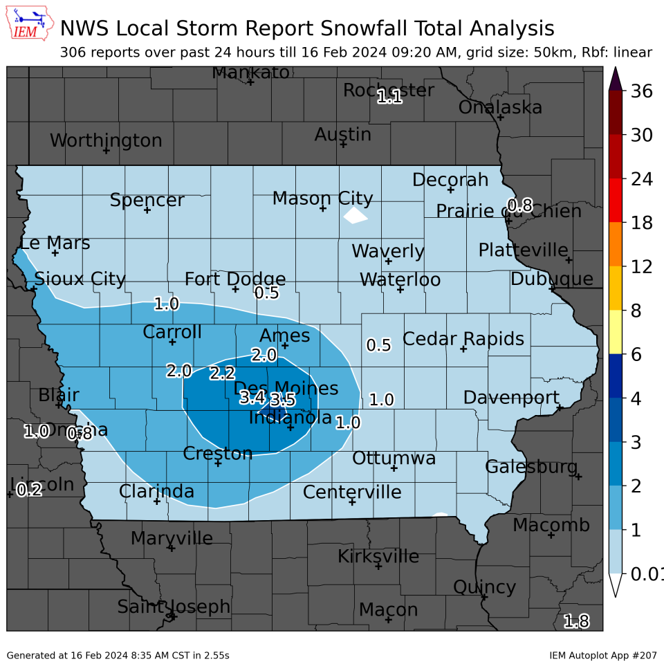Snowfall totals across Iowa as of Feb. 16 morning per the National Weather Service.