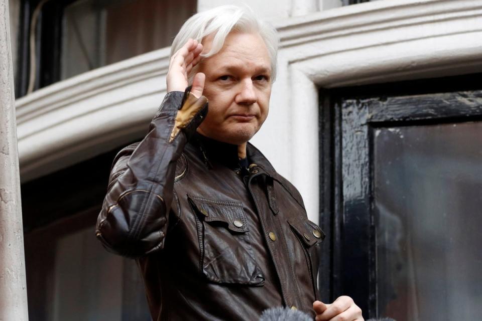 Julian Assange on the balcony of the Ecuadorian embassy in London (AP)