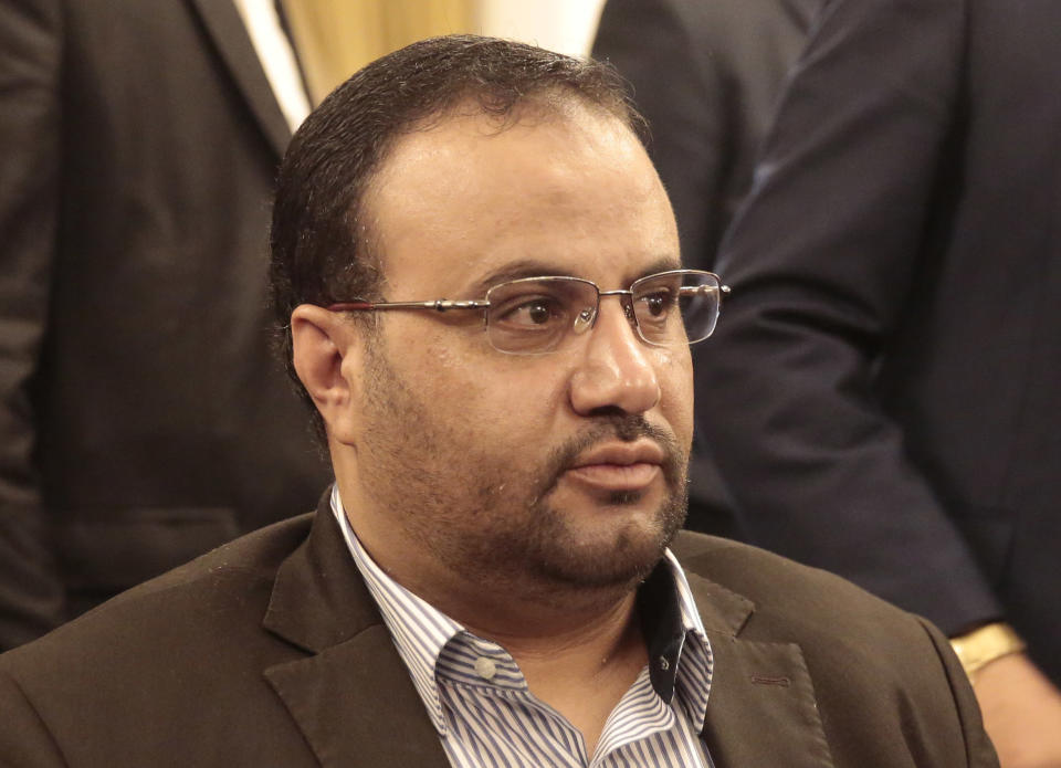 FILE - In this Aug. 6, 2016 file photo shows Saleh al-Samad, Head the political council of Houthis movement in Sanaa, Yemen. Yemen’s Houthi rebels Saturday, Sept. 18, 2021, said they executed nine people for their alleged involvement in the killing of a senior Houthi official in an airstrike by the Saudi-led coalition more than three years ago. Al-Samad, who held the post of president in the Houthi-backed political body, was killed in an airstrike by the Saudi-led coalition in the coastal city of Hodeida. (AP Photo/Hani Mohammed, File)