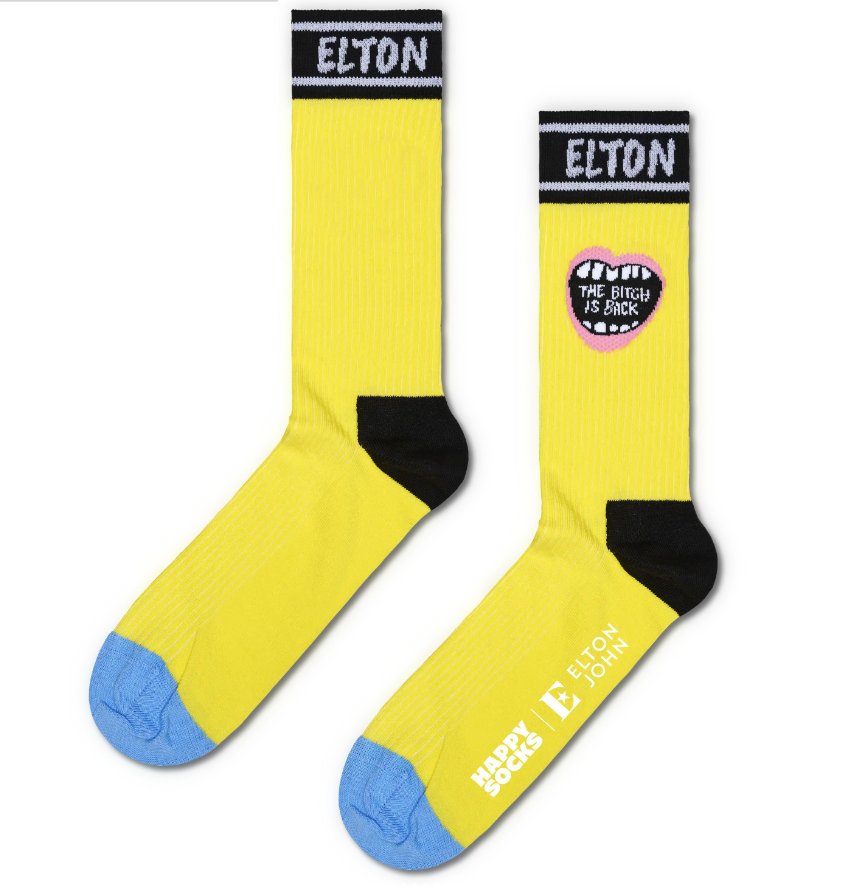 yellow and black elton john happy socks with mouth design