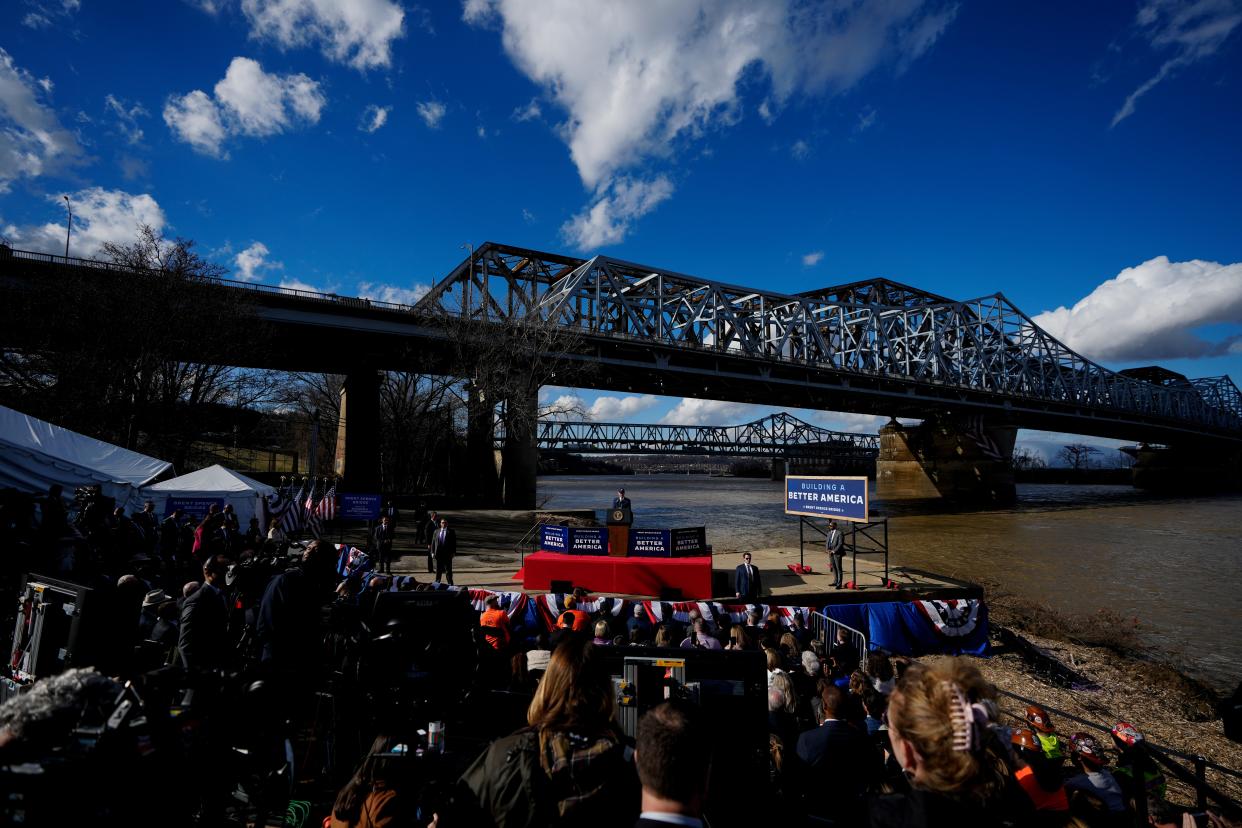 President Joe Biden speaks during an event to give remarks on the bipartisan infrastructure law which will fund major changes to the Brent Spence Bridge and surrounding infrastructure at a lot on the banks of the Ohio River in Covington, Ky., on Wednesday, Jan. 4, 2023.