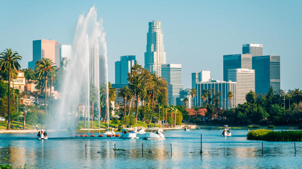 The Los Angeles skyline and lake at Echo Park, in Los Angeles, California - Image.