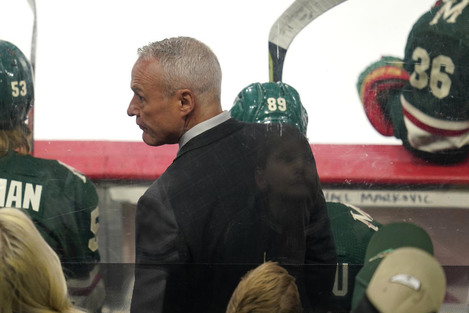 Minnesota Wild head coach Dean Evason looks on during the first period of an NHL hockey game against the Nashville Predators, Sunday, Feb. 19, 2023, in St. Paul, Minn. (AP Photo/Abbie Parr)