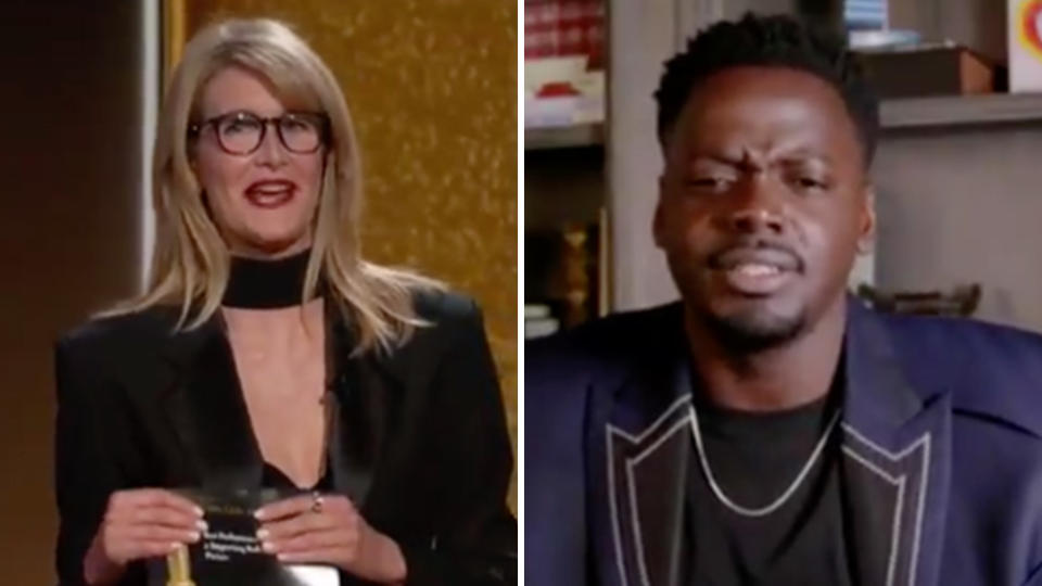 A screenshot of 2021 Golden Globe Awards presenter Laura Dern and Best Supporting Actor winner Daniel Kaluuya