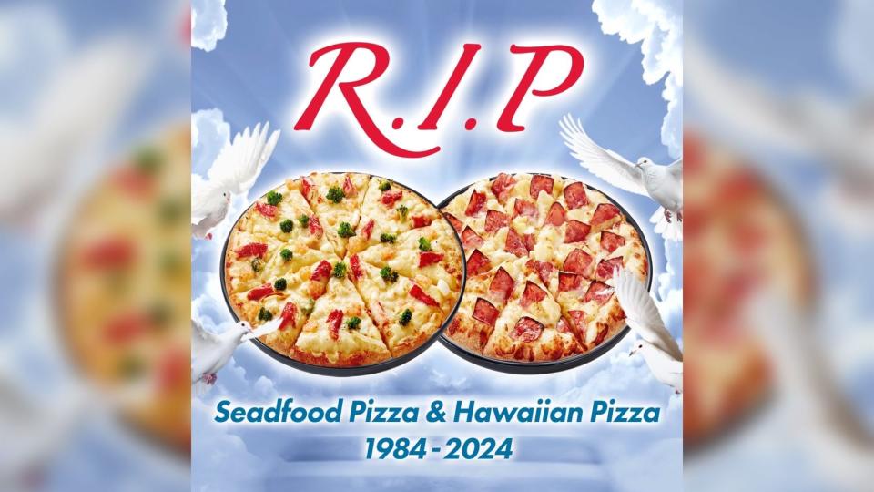 達美樂宣布將停賣海鮮披薩和夏威夷披薩，讓大批鐵粉崩潰哀號。（翻攝自達美樂臉書粉專）