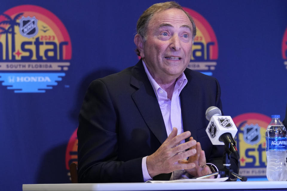 NHL commissioner Gary Bettman speaks before the NHL All-Star hockey game, Saturday, Feb. 4, 2023, in Sunrise, Fla. (AP Photo/Lynne Sladky)