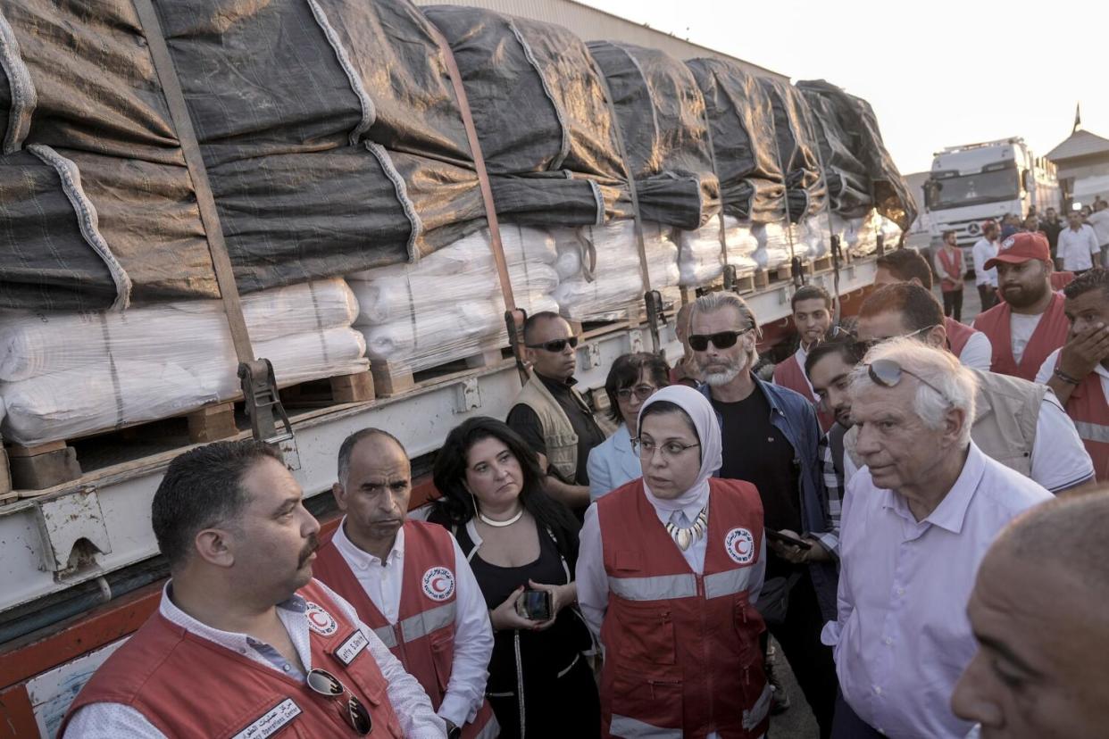 European Union foreign policy chief Josep Borrell checks humanitarian aids at the logistic center