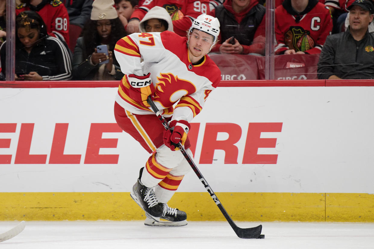 Connor Zary has 21 points in 32 games, making him an overlooked fantasy hockey add at just 3% rostered.  (Photo by Jamie Sabau/Getty Images)