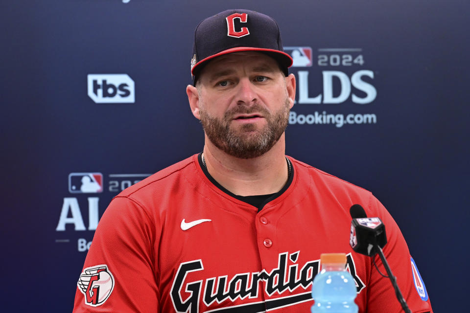 Cleveland Guardians manager Stephen Vogt speaks during a news conference following Game 1 of baseball's AL Division Series between the Detroit Tigers and the Cleveland Guardians, Saturday, Oct. 5, 2024, in Cleveland. (AP Photo/David Dermer)