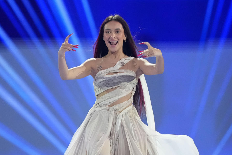 Eden Golan of Israel arrives on stage for the introducing of the artists during the dress rehearsal for the final at the Eurovision Song Contest in Malmo, Sweden, Friday, May 10, 2024. (AP Photo/Martin Meissner)