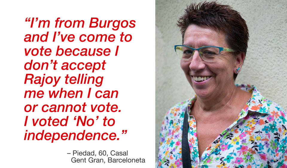 <p>“I’m from Burgos and I’ve come to vote because I don’t accept Rajoy telling me when I can or cannot vote. I voted ‘No’ to independence.” (Photograph by Jose Colon/ MeMo for Yahoo News) </p>