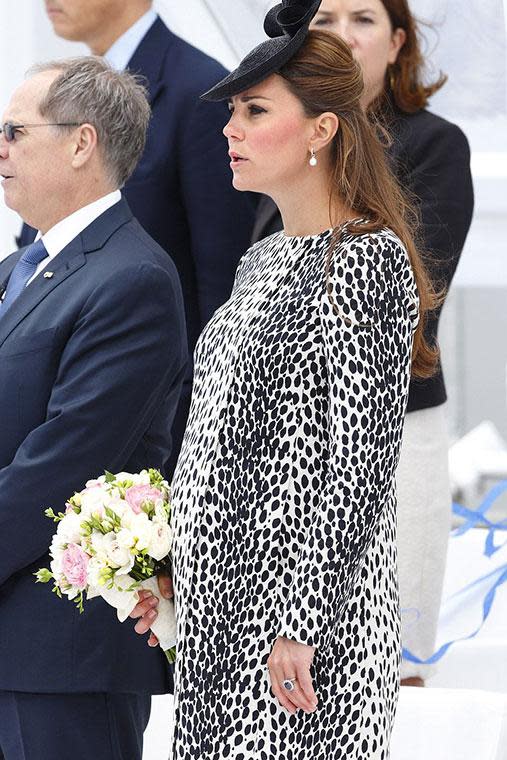 Despite being nearly at full term, Kate continued to push out the fashion boundaries in this Dalmatian print dress.