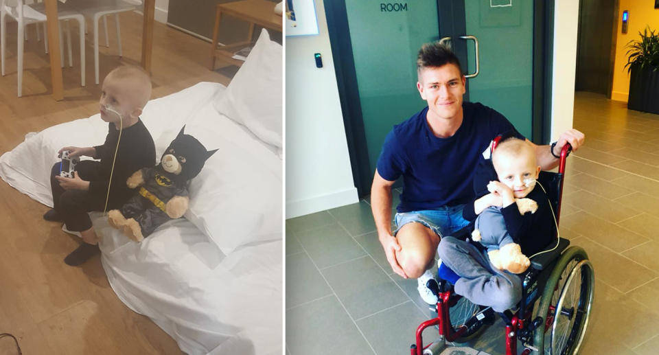 (Left) Josh and his trusty Batman teddy tuck into some Fortnite. (Right) Josh receives a visit from his hero, GWS Giants player Adam Tomlinson. Images: Supplied