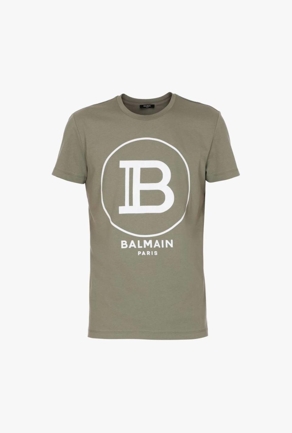 Khaki cotton T-shirt with white logo, $395. Balmain at Bal Harbour Shops. 9700 Collins Avenue; 305-397-8152. 