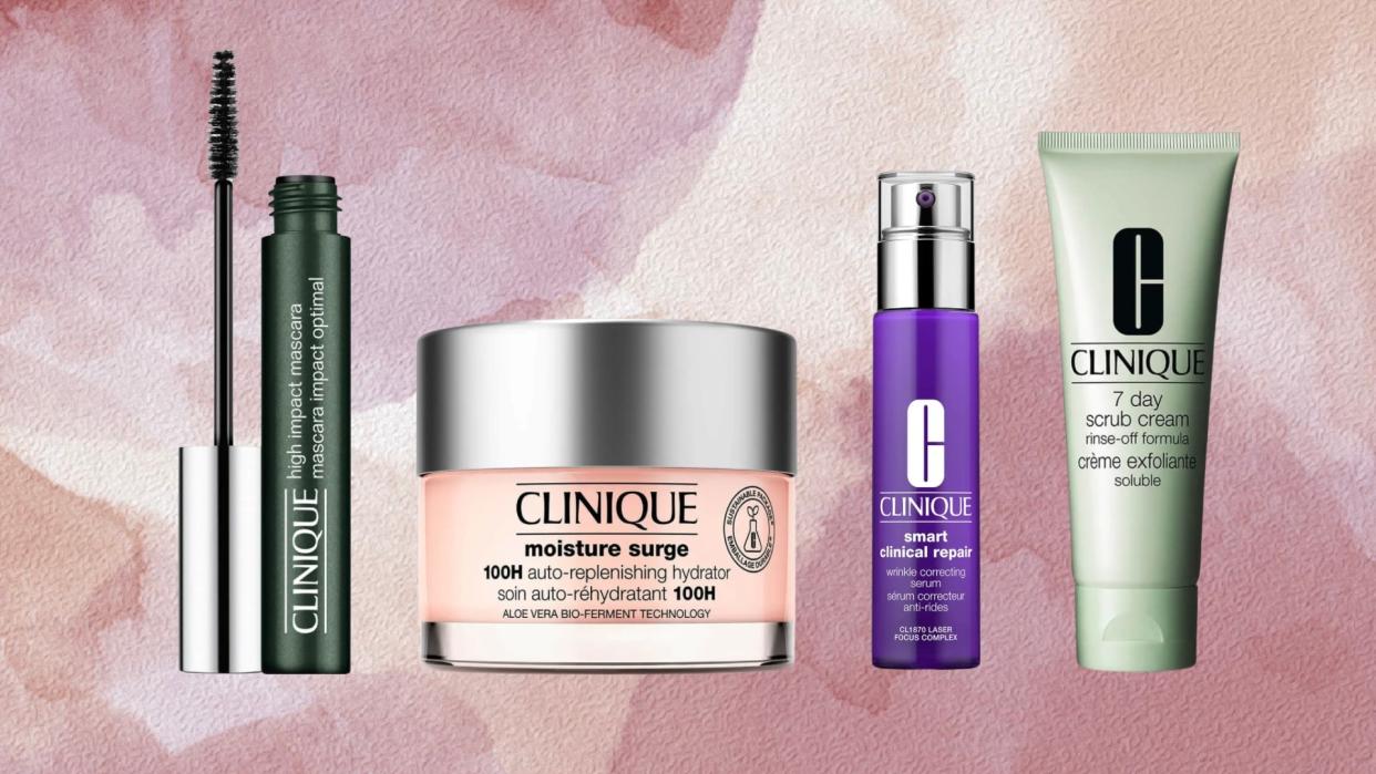  A selection of products from the ncluding Clinique High Impact Mascara, Clinique Moisture Surge Hydrator, Clinique Smart Clinical Repair Serum and The Clinique 7 Day Scrub Cream/ in a pink, cream and purple watercolour template. 