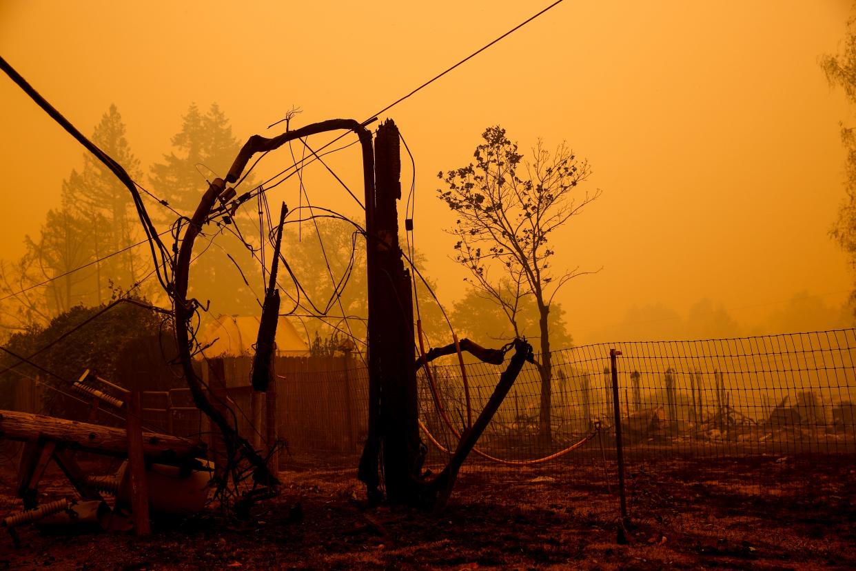 Damage to power lines following the wildfire in the Santiam Canyon on Wednesday, Sept. 9, 2020 in Mill City.