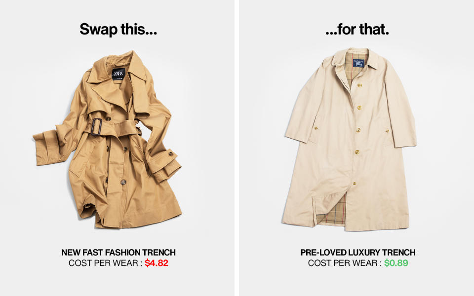 Visual comparison cost per wear of a new fast fashion trench versus a luxury trench you already love.  