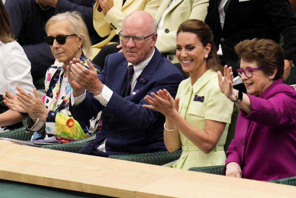 Kate, Princess of Wales sits in the Royal Box with tennis legends Billie Jean King, right, Martina Navratilova and AELTC chairman Ian Hewitt ahead of the final of the women's singles between the Czech Republic's Marketa Vondrousova and Tunisia's Ons Jabeur on day thirteen of the Wimbledon tennis championships in London, Saturday, July 15, 2023. (AP Photo/Kirsty Wigglesworth)