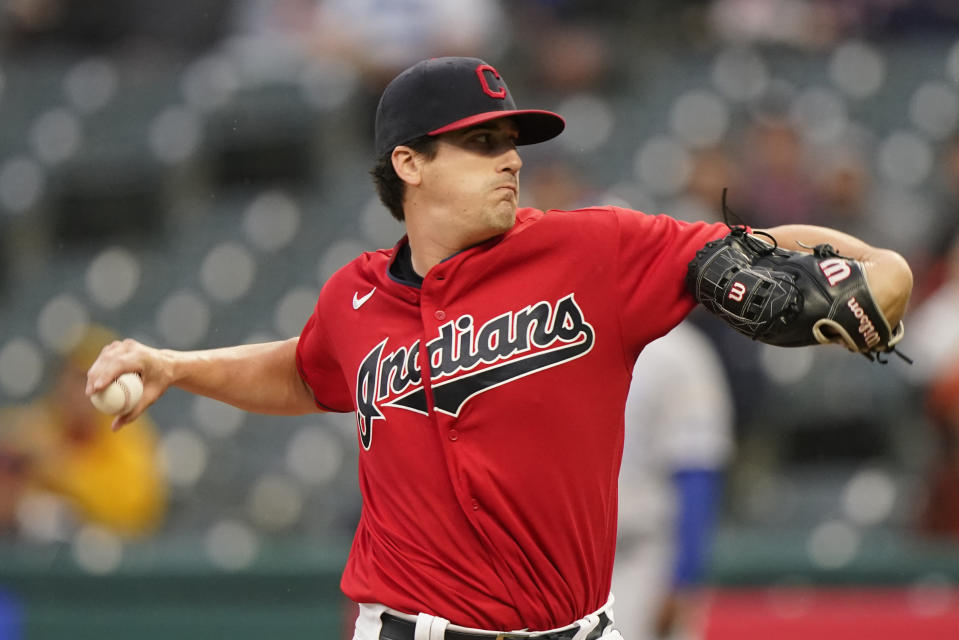 Cleveland Indians starting pitcher Cal Quantrill delivers in the first inning of a baseball game against the Kansas City Royals, Tuesday, Sept. 21, 2021, in Cleveland. (AP Photo/Tony Dejak)