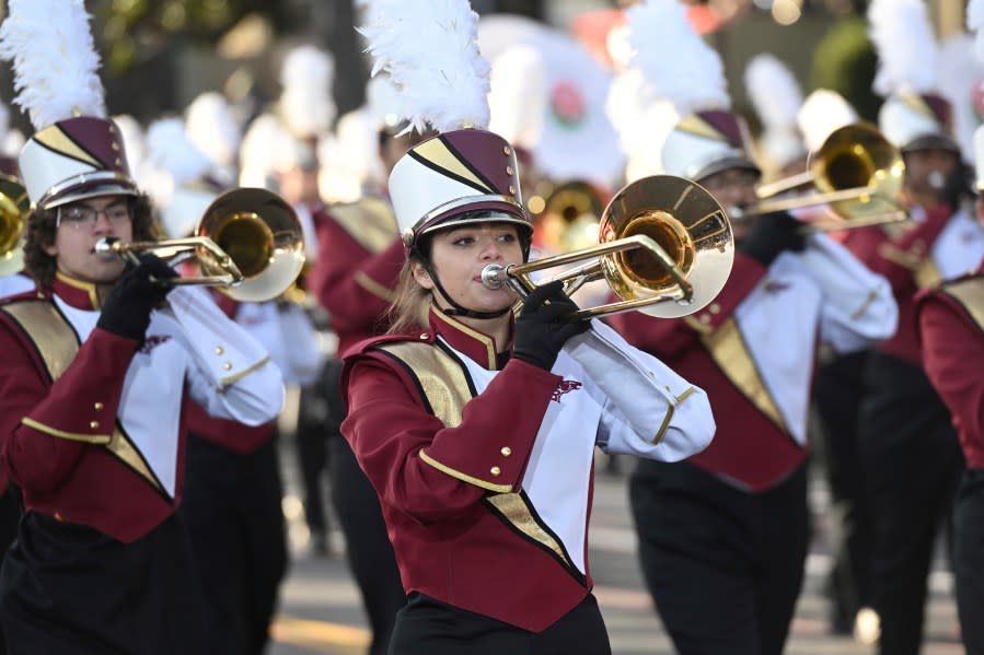 The Brookwood Bronco Marching Band, Georgia, performs at the 134th Rose Parade in Pasadena, Calif., Monday, Jan. 2, 2023. (AP Photo/Michael Owen Baker)