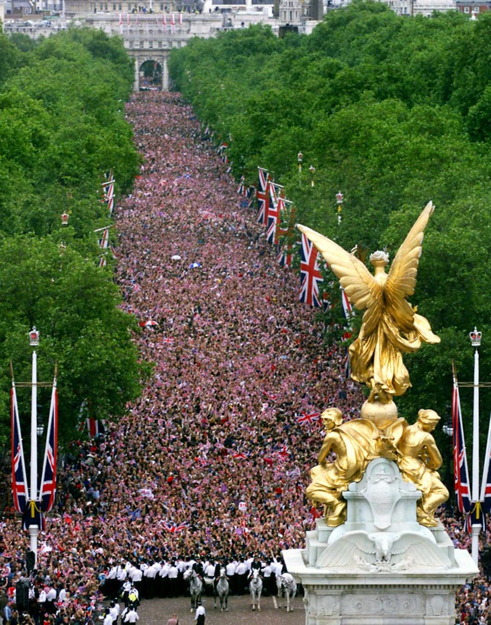 The scene from the roof of Buckingham Palace as crowds gather for the flypast in 2002 (Chris Ison/PA) (PA Archive)