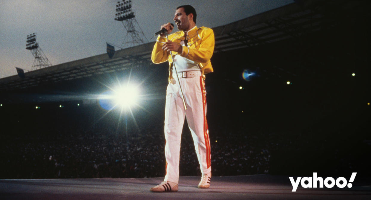 Freddie Mercury performing with Queen at Wembley Stadium in 1986. (Getty)