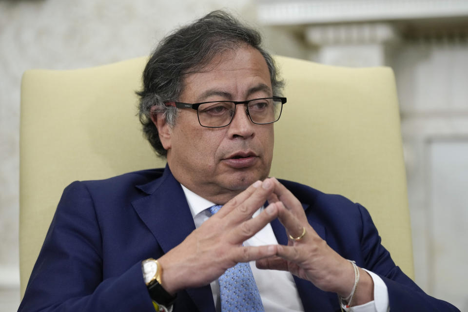 Colombian President Gustavo Petrospeaks during a meeting with President Joe Biden in the Oval Office of the White House in Washington, Thursday, April 20, 2023. (AP Photo/Susan Walsh)