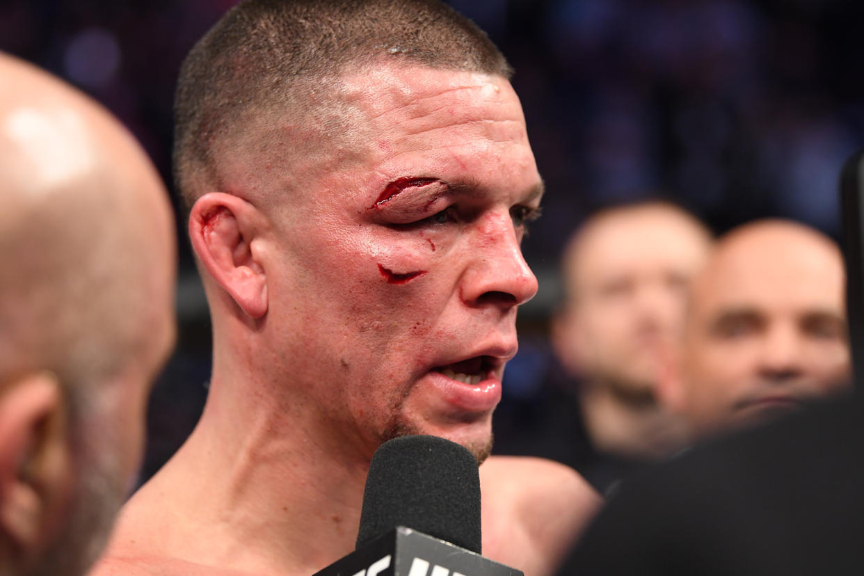 NEW YORK, NEW YORK - NOVEMBER 02: Nate Diaz is interviewed after his loss (doctor's stoppage) to Jorge Masvidal in their welterweight bout for the BMF title during the UFC 244 event at Madison Square Garden on November 02, 2019 in New York City. (Photo by Josh Hedges/Zuffa LLC via Getty Images)