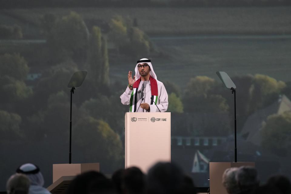 COP28 President Sultan al-Jaber speaks during a session at the COP28 U.N. Climate Summit, Saturday, Dec. 2, 2023, in Dubai, United Arab Emirates. (AP Photo/Kamran Jebreili)