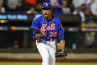 New York Mets relief pitcher Edwin Diaz (39) celebrates after a baseball game against the New York Yankees Tuesday, July 26, 2022, in New York. The Mets won 6-3. (AP Photo/Frank Franklin II)