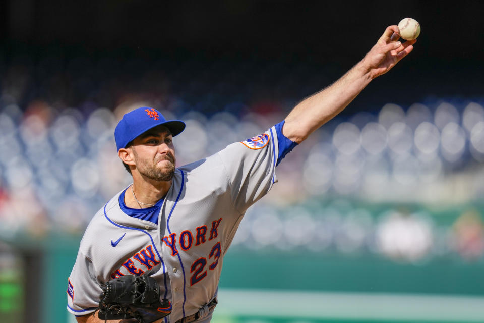 New York Mets starting pitcher David Peterson throws during the fourth inning of a baseball game against the Washington Nationals at Nationals Park, Monday, May 15, 2023, in Washington. (AP Photo/Alex Brandon)