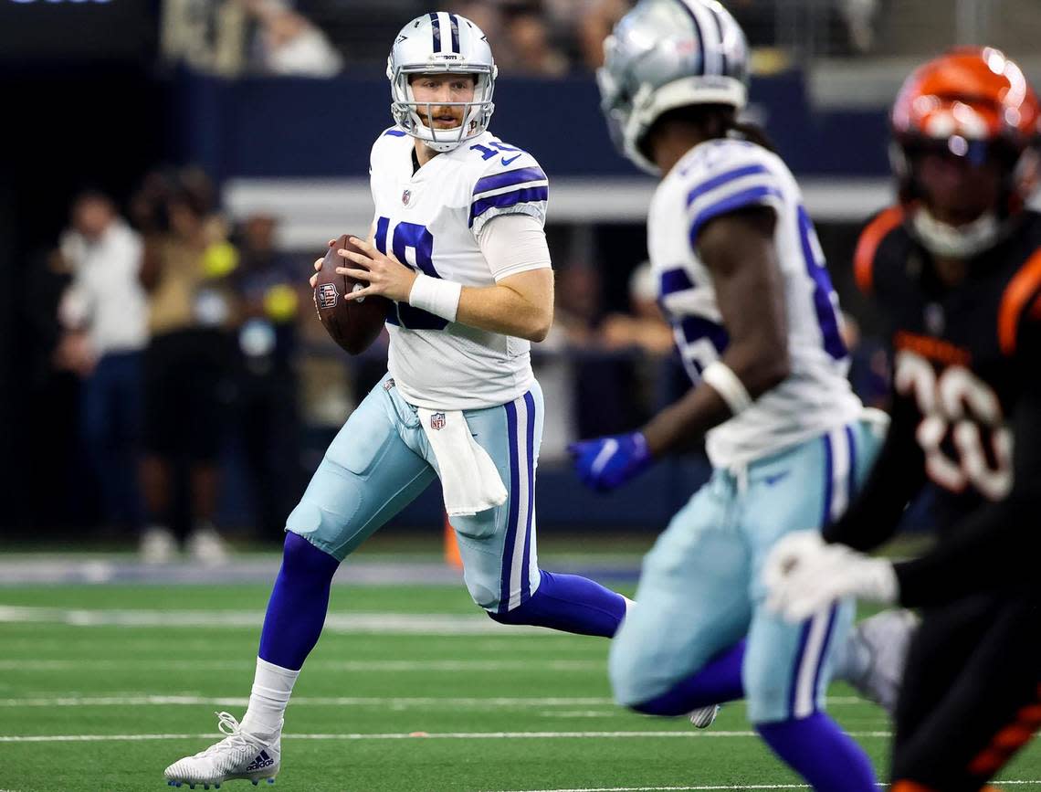 Dallas Cowboys quarterback Cooper Rush runs the ball while looking for an opening against the Cincinnati Bengals on Sunday, September 18, 2022.