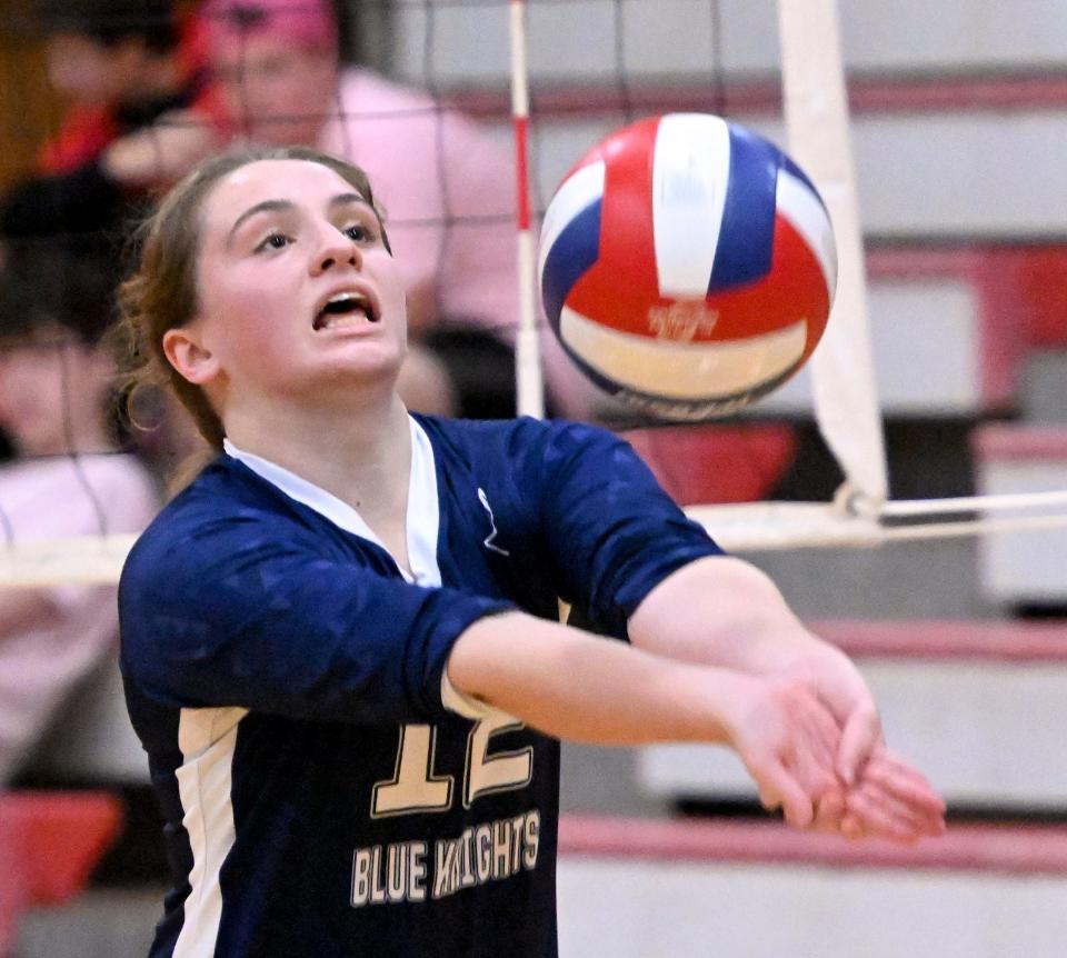 Mia Mulcahy of Sandwich sets up a shot against Barnstable in girls volleyball.