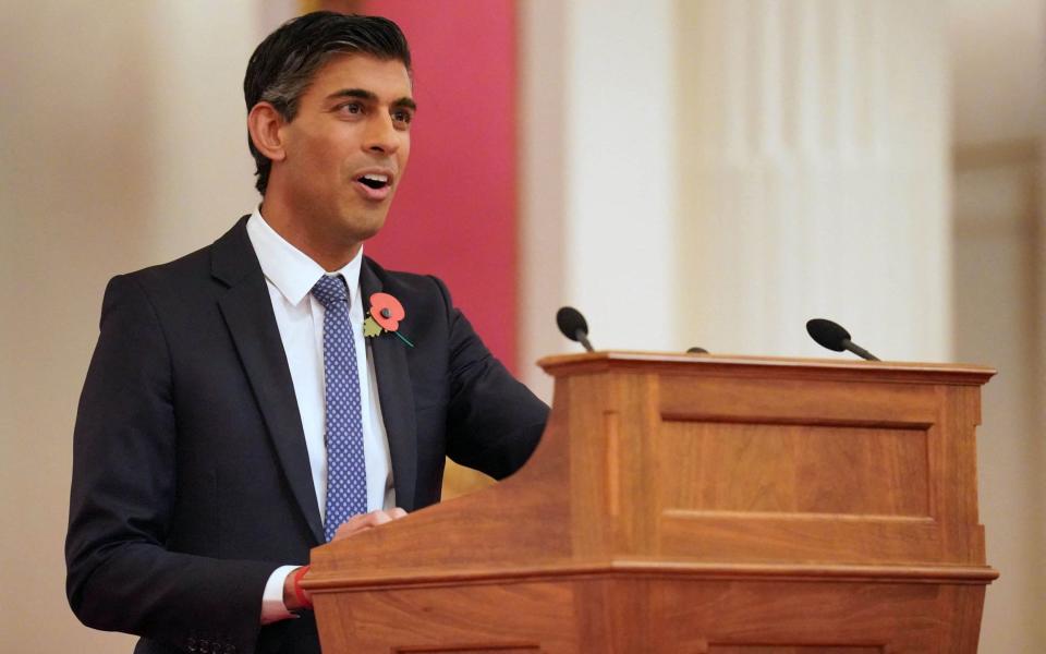 Rishi Sunak delivers a speech at a Buckingham Palace reception this afternoon - Jonathan Brady/AFP