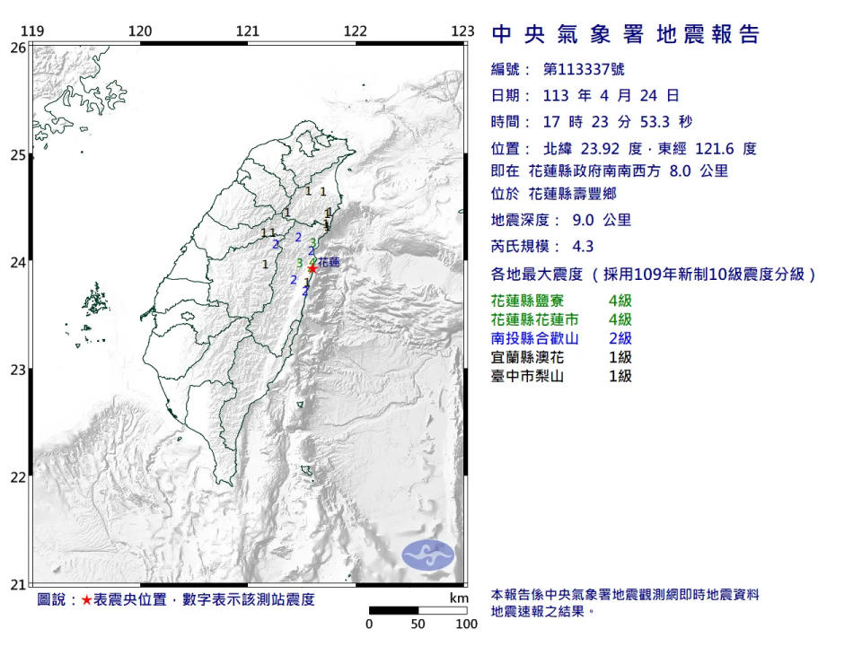 <strong>花蓮縣壽豐鄉24日傍晚5時23分再度發生規模4.3地震。（圖／翻攝自中央氣象署官網）</strong>