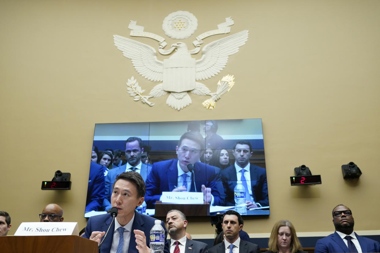 TikTok CEO Shou Zi Chew testifies during a hearing of the House Energy and Commerce Committee, on the platform's consumer privacy and data security practices and impact on children, Thursday, March 23, 2023, on Capitol Hill in Washington. (AP Photo/Jacquelyn Martin)