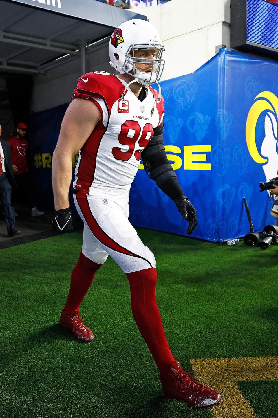 J.J. Watt #99 of the Arizona Cardinals takes the field before the game against the Los Angeles Rams in the NFC Wild Card Playoff game at SoFi Stadium on January 17, 2022 in Inglewood, California