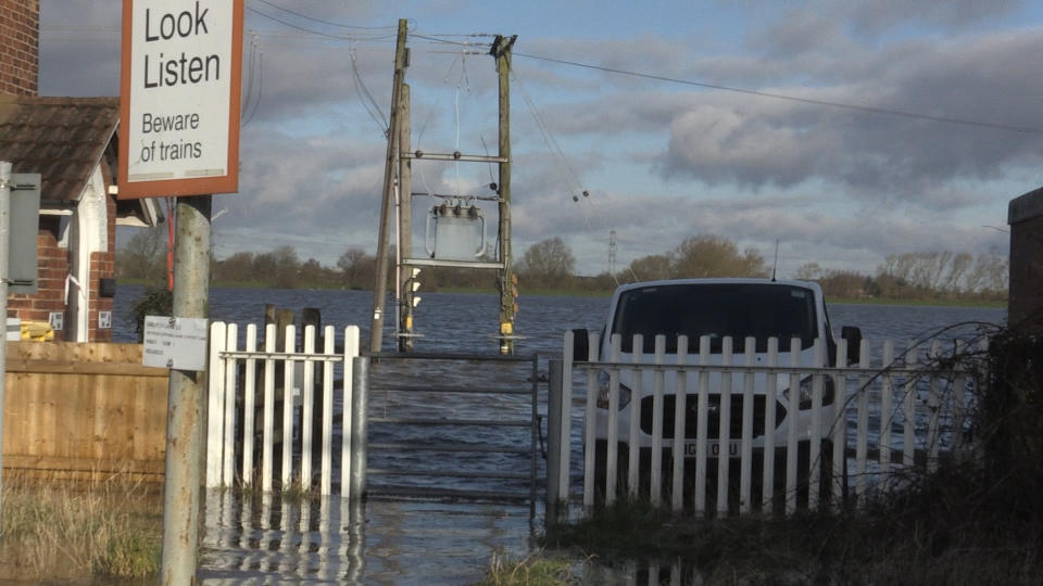 A powerline underwater in Snaith, East Riding of Yorkshire, where locals have criticised the lack of help they have received from the authorities.